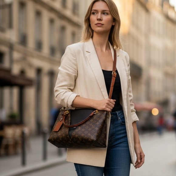 Louis Vuitton V Tote Monogram Black Leather Canvas Shoulder Crossbody Bag - Picture 2 of 6